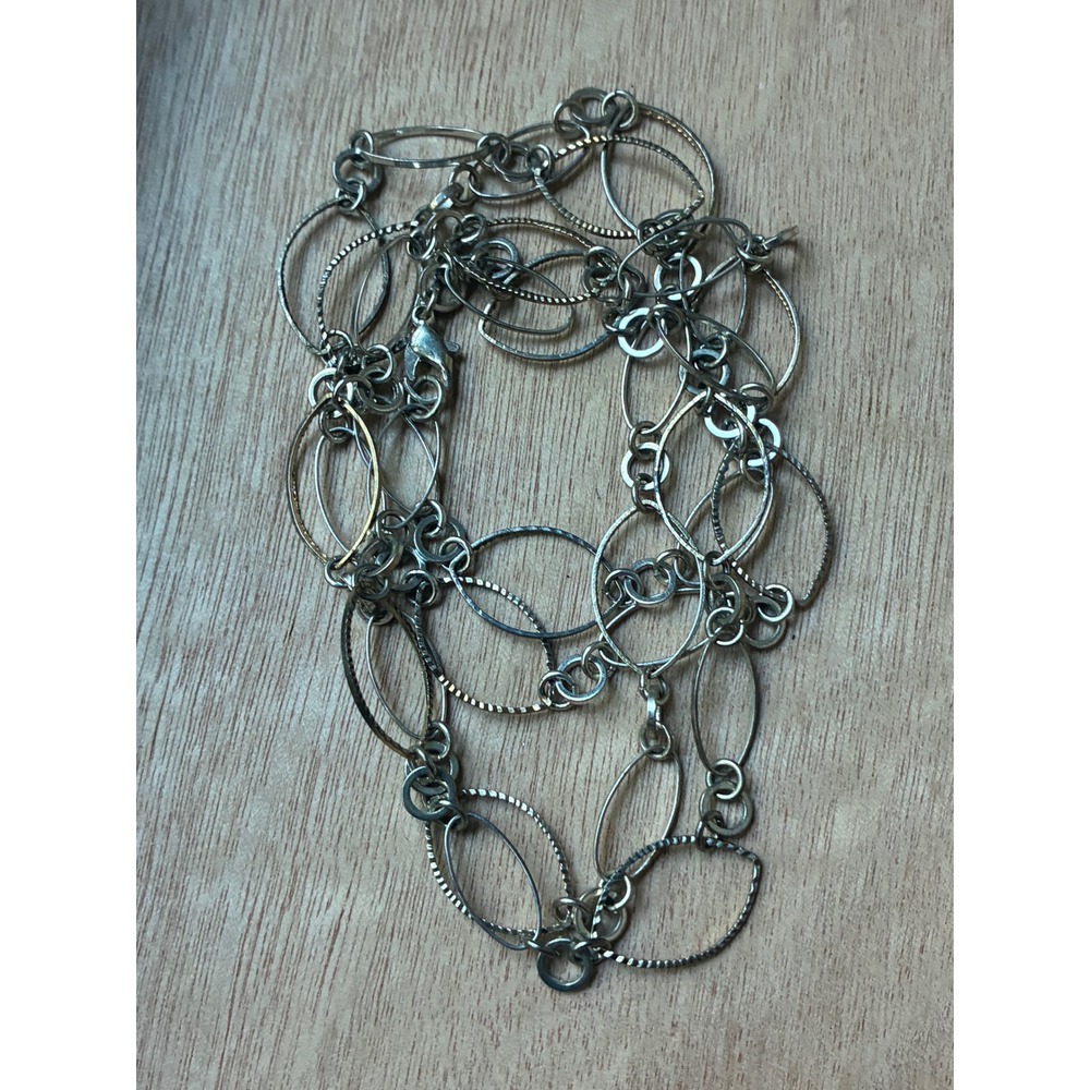 Long Silver Tone Open Link Necklace Convertible Double Strand Textured Oval - Picture 5 of 5